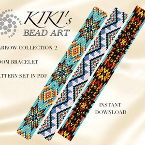Könnte beinhalten: Drei bunte Perlen-Webband-Muster im PDF-Format. Die Muster zeigen geometrische Designs in Blautönen, Orange, Gelb und Schwarz.  "KIKI'S BEAD ART" und "NARROW COLLECTION 2" sind auf dem Bild gedruckt.  "INSTANT DOWNLOAD" ist ebenfalls auf dem Bild gedruckt.