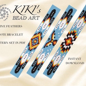 May include: Three beaded bracelets with Native American inspired designs. The bracelets are blue, white, black, orange, and yellow. The designs include feathers, a bird, and a geometric pattern. The text "KIKI'S BEAD ART", "NATIVE FEATHERS", "PEYOTE BRACELET", "PATTERN SET IN PDF", and "INSTANT DOWNLOAD" is visible on the image.