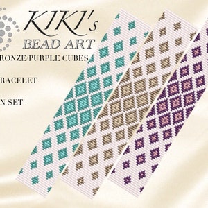 Loom pattern, loom bracelet pattern, bead loom pattern set Cubes aqua bronze LOOM bracelet pattern set in PDF - instant download