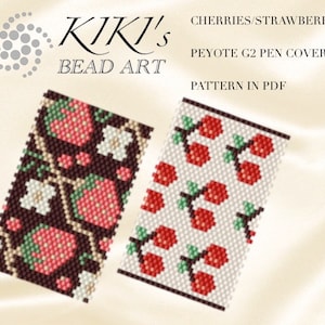 Könnte beinhalten: Zwei Perlen-Stiftbezüge mit einem Kirsch- und Erdbeerdesign. Die Stiftbezüge sind in Peyote-Stich gefertigt und als PDF-Muster erhältlich. Der Text "KIKI'S BEAD ART" befindet sich oben im Bild. Der Text "CHERRIES/STRAWBERRIES PEYOTE G2 PEN COVER PATTERN IN PDF" ist ebenfalls im Bild zu sehen.