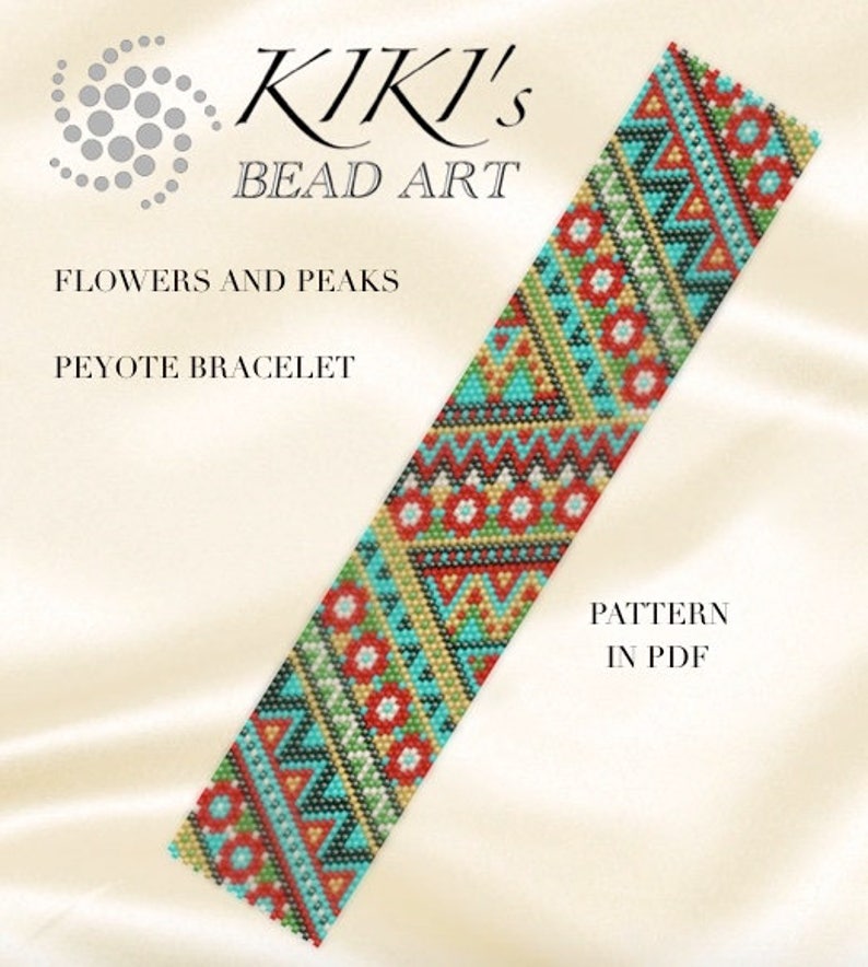 Pattern, peyote bracelet Flowers and peaks peyote bracelet cuff pattern in PDF instant download image 1