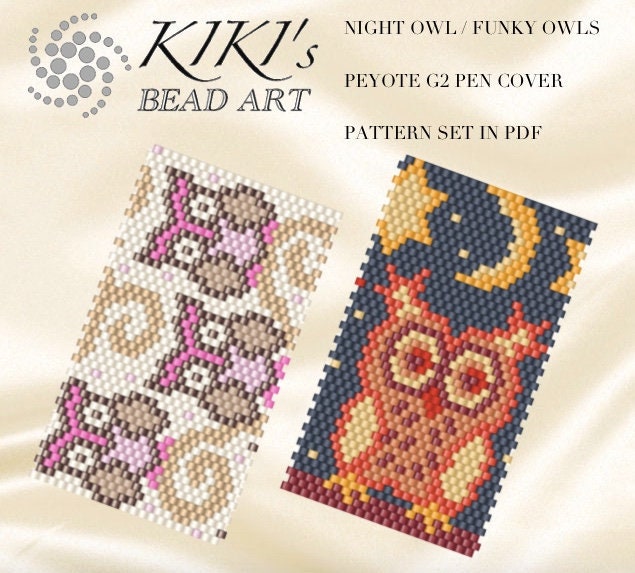 Pattern, peyote pen cover Night owl Funky owls animal peyote pattern for pen wrap - pattern set for 