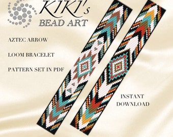 May include: Two colourful beaded loom bracelets with an Aztec arrow design. The bracelets are white with black, red, orange, yellow, blue, and brown beads. The image includes the text "KIKI'S BEAD ART", "AZTEC ARROW", "LOOM BRACELET", "PATTERN SET IN PDF", and "INSTANT DOWNLOAD".