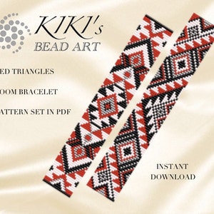 May include: A digital download pattern for a loom bracelet with a geometric design featuring red, black, and white triangles. The pattern is called "Red Triangles" and is available for instant download.