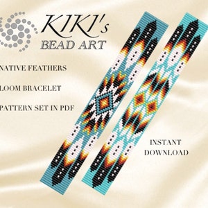 May include: Two beaded loom bracelet patterns featuring Native American inspired designs with feathers and geometric shapes in turquoise, black, white, orange, and yellow. The patterns are labeled "Native Feathers Loom Bracelet" and the text "Instant Download" is at the bottom of the image.