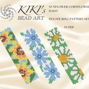 May include: Three peyote stitch beading patterns for rings, featuring a sunflower, cornflower, and daisy design. The patterns are titled "Sunflower-Cornflower-Daisy Peyote Ring Pattern Set" and are available in PDF format.