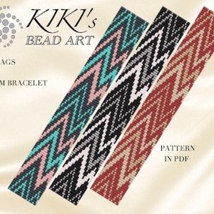 May include: Three loom bracelet patterns with zigzag designs in pink and turquoise, black and white, and red and beige. The patterns are labelled "Zigzags Loom Bracelet" and "Pattern in PDF".