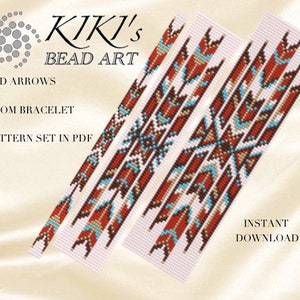 May include: A digital download pattern for a loom bracelet featuring red, white, blue, brown, and gold beads. The pattern is called "Red Arrows" and is available for instant download.