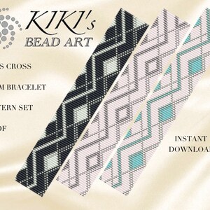 May include: Three loom bracelet patterns in black and white, pink and grey, and turquoise and white. The patterns are called "Criss Cross" and are available as an instant download in PDF format.