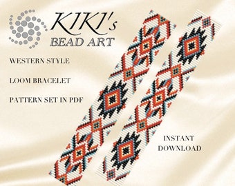 May include: A digital download pattern for a loom bracelet with a Western style design. The pattern features a geometric design with black, white, orange, and blue beads. The pattern is available for instant download.