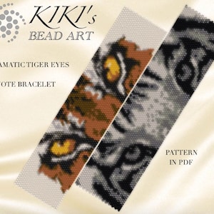 May include: A beaded bracelet pattern featuring a close-up of a tiger's face with dramatic eyes. The pattern is called "Dramatic Tiger Eyes" and is a peyote stitch bracelet. The text "PATTERN IN PDF" is also visible.