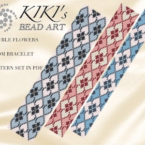 May include: Three loom bracelet patterns featuring a double flower design. The patterns are in blue, pink, and white with black accents. The patterns are labelled "KIKI'S BEAD ART, DOUBLE FLOWERS, LOOM BRACELET, PATTERN SET IN PDF."