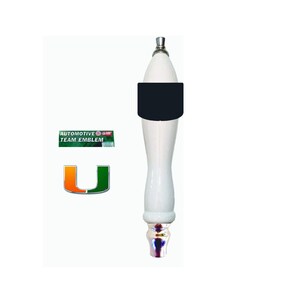 May include: White beer tap handle with a black collar and a silver top. The handle has a University of Miami logo on it.