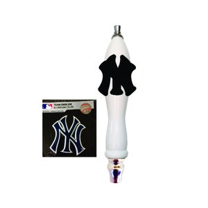 May include: White beer tap handle with a black New York Yankees logo. The handle is decorated with a silver band and a silver cap. The logo is a stylized "NY" with a baseball inside the "Y".