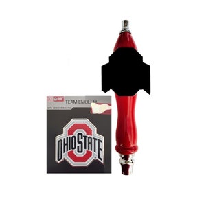 May include: Red and silver Ohio State University team emblem with adhesive backing. The emblem is attached to a red beer tap handle with a silver top.