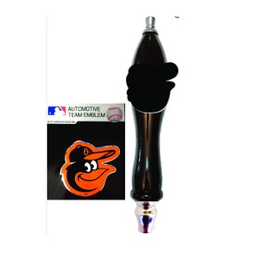 May include: A black and silver beer tap handle with a glossy finish. A black sticker with the Baltimore Orioles logo is attached. The sticker is an automotive team emblem with adhesive backing.