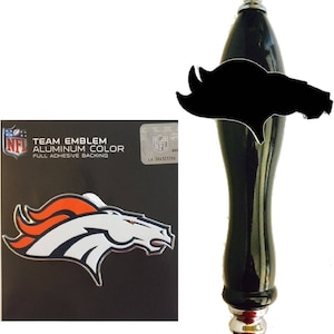 May include: Denver Broncos NFL team logo on a black background with the words "Team Emblem Aluminum Color Full Adhesive Backing" and the NFL logo. A black and silver beer tap handle with a Bronco's logo on the top.