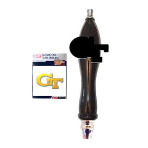May include: A black wooden beer tap handle with a silver top. A sticker with the Georgia Tech logo is shown in the background.