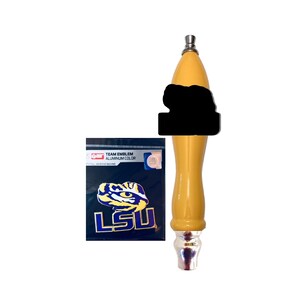 May include: A yellow beer tap handle with a LSU Tiger logo sticker. The sticker is blue, gold, and purple with the words "LSU" in a purple font.