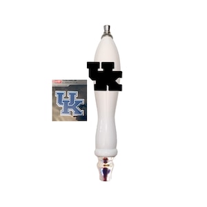 May include: White beer tap handle with a black and blue Kentucky Wildcats logo sticker. The sticker says "Team Emblem Aluminum Color".