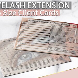 May include: A pink and red client record card for eyelash extensions. The card has a checklist of questions for the client to answer about their allergies, eye health, and lash preferences. The card also includes a section for the client's signature and date.