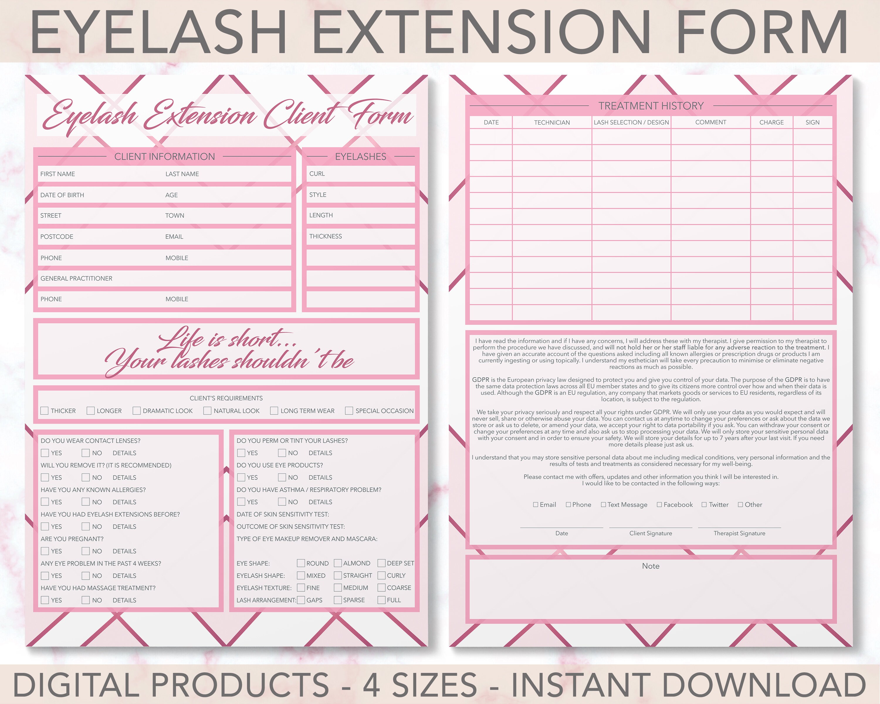 Eyelash Extension Client Record Form Consultation Treatment Salon