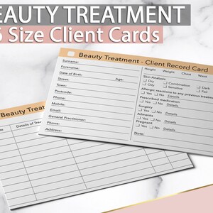 May include: A white client record card for beauty treatments. The card has sections for client information, including name, date of birth, address, phone number, and skin analysis. It also includes sections for allergies, prescribed medications, surgeries, ailments, and pregnancy.