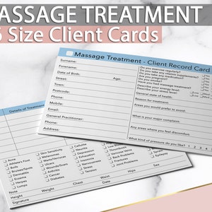 May include: A white and blue client record card for massage therapy. The card includes sections for client information, details of treatment, and a checklist of health conditions. The card is designed for use by massage therapists to track client information.