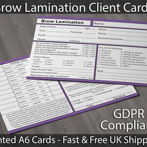 May include: Purple and white client cards for brow lamination services. The cards include a checklist for client information, allergies, and brow lamination details. The text "GDPR Compliant" is printed at the bottom of the card.
