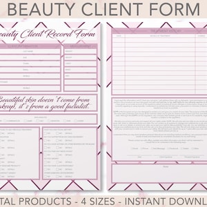 Beauty Client Record Formulier Consultatie Behandeling Salon Briefpapier Digitale PDF Producten 4 Verschillende Maten Met en Zonder Achtergrond