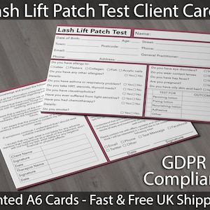 May include: A black and white printable client card for lash lift patch tests. The card includes a checklist of questions for the client to answer, including allergies, medical history, and lifestyle habits. The card also includes a section for the technician to record the test results and outcome.