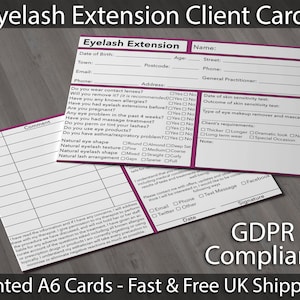 May include: A pink and white client card for eyelash extensions. The card includes a checklist of questions for the client to answer about their health and allergies, as well as their desired eyelash extension look. The card also includes a section for the client's signature and a note about GDPR compliance.