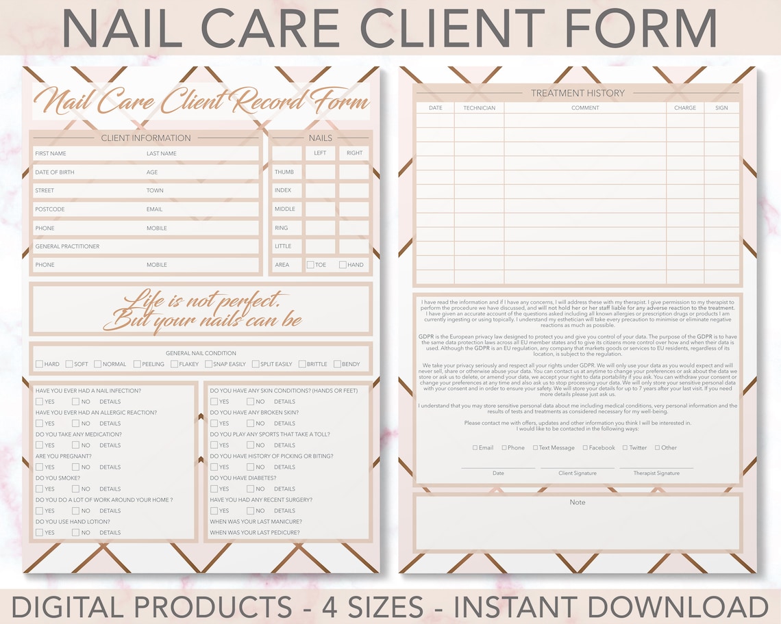 Nail Care Client Record Form Consultation Treatment Salon Etsy UK
