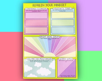 Refresh Your Mindset Positivity Pad - Colourful Self Care Notepad - Thoughts Desk Pad - Self Care Notebook - Positive Gift For Her