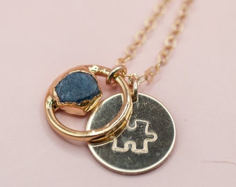Autism Awareness Necklace || Disc + Gemstone Necklace || Blue Sapphire || Puzzle Charm || Autism || Sterling Silver Gold Fill
