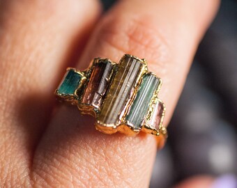 Raw Tourmaline Ring || Vertical Ring || October Birthstone || Cathedral Lined Stone || Green, Pink, Black, or Candy Tourmaline Rod Ring