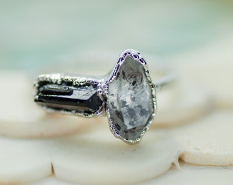 Twilight Ring || Black Tourmaline Herkimer Diamond || Cleansing + Protection + Healing || Powerhouse Ring || Silver Rhodium || Monochrome