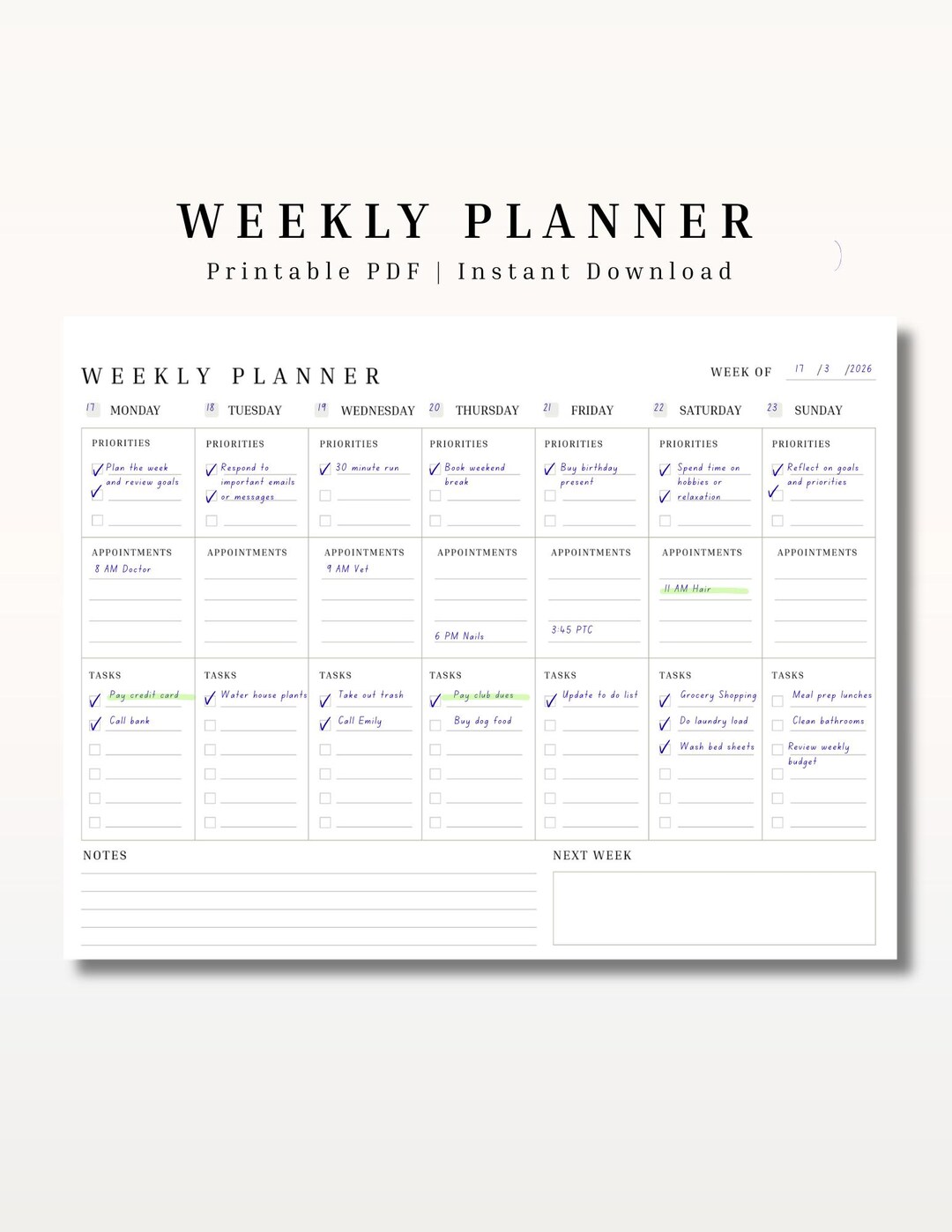Planer Week Pdf Simple Printable Weekly Planner (PDF Download) - Etsy