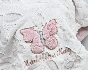 Personalized Rose Gold & Pearl Minky Baby Blanket with Butterfly Applique