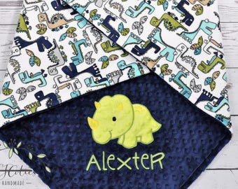 Dinosaur Minky Baby Blanket-Personalized Triceratops Dino Minky blanket-Personalized baby Boy Blanket-Navy Blue and Lime Green baby blanket