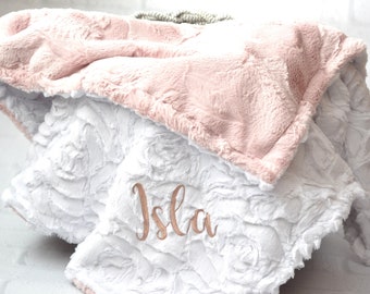 Rose Gold Personalized Minky Baby Blanket - Baby Girl Blanket - Personalized Baby blanket - White Rose blanket - Monogram Blanket - Newborn