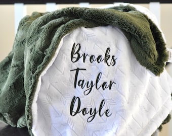 Personalized Hunter Green baby blanket-Sage Green baby minky blanket-Hunter green nursery-Sage green nursery-Green baby shower gift