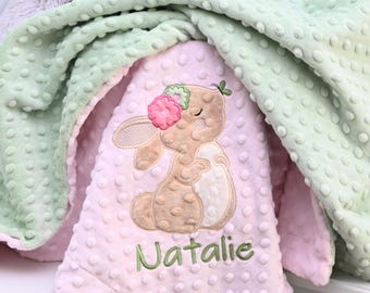 Personalized Bunny rabbit Girls baby minky blanket in sage and pink color