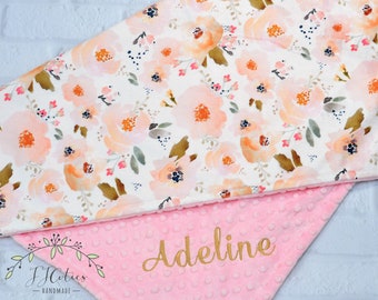 Personalized Minky Baby Blanket Girl-Personalized Baby Blanket-Floral Minky Baby Blanket-Baby Girl Blanket-Coral Gold Minky blanket Girl