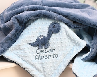 brontosaurus Dinosaur Personalized Minky Baby Blanket-Blue baby blanket-Personalized Baby Minky blanket-Name Dino Blanket-Boy baby blanket