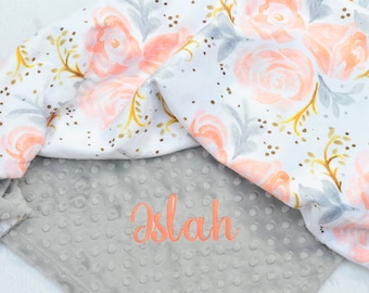 Floral Minky Personalized Baby Blanket -Personalized Minky Baby Blanket-Rose Floral Minky  Baby Minky Blanket-Floral Bedding-Floral nursery