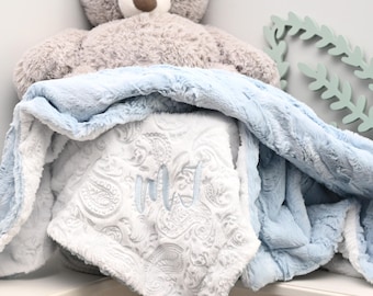 Personalized Powder Blue Minky Baby Blanket-Blue Girl Blanket-Personalized boy blue blanket-White Paisley blanket-Newborn-gift-Baby shower