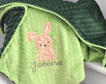 Personalized Bunny rabbit baby blanket- Green Hunter blanket-Rabbit Personalized Minky blanket-Minky Bunny Blanket-Baby Girl minky blanket