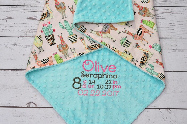 Personalized Minky baby blanketLlama Birth Announcement Etsy