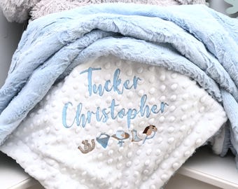 Blue Personalized Minky Baby Blanket-Blue Girl Blanket-Personalized boy blue blanket-White Vine blanket-Newborn-gift-Baby shower